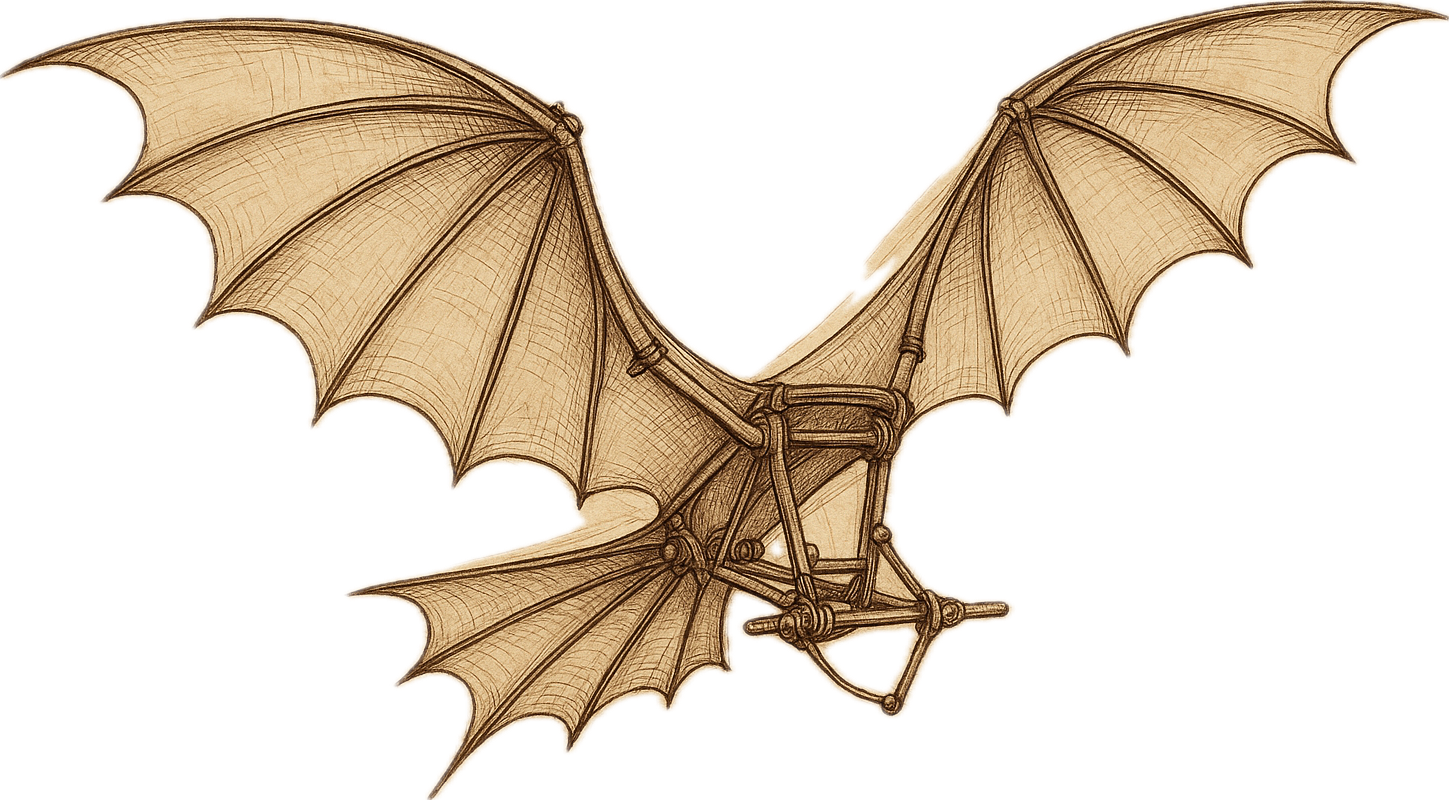 A pen-and-ink illustration resembling a page from Leonardo da Vinci's codex, depicting an ornithopter design with bat-like wings and a wooden frame. The mechanical details, such as pulleys and levers, are intricately drawn with fine sketch lines and subtle shading. The background is aged, sepia-toned paper, enhancing the historical and scientific feel of the Renaissance-era artwork.